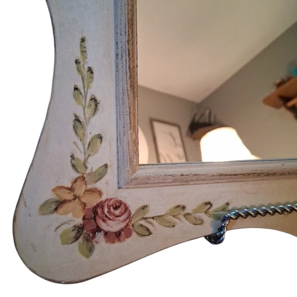 Cottage Core French Country Antiqued Green Pink Yellow Floral Wall Mirror 15.5